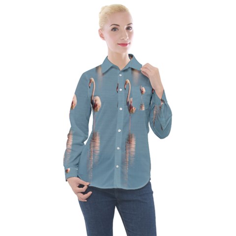 Flamingo Birds Plumage Sea Water Animal Exotic Women s Long Sleeve Pocket Shirt by artworkshop