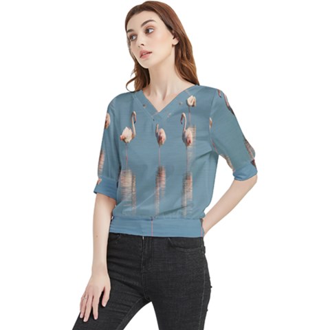 Flamingo Birds Plumage Sea Water Animal Exotic Quarter Sleeve Blouse by artworkshop