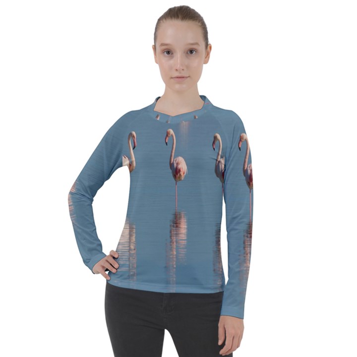 Flamingo Birds Plumage Sea Water Animal Exotic Women s Pique Long Sleeve Tee