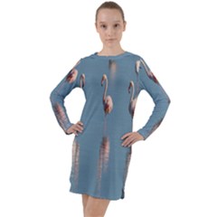 Flamingo Birds Plumage Sea Water Animal Exotic Long Sleeve Hoodie Dress by artworkshop