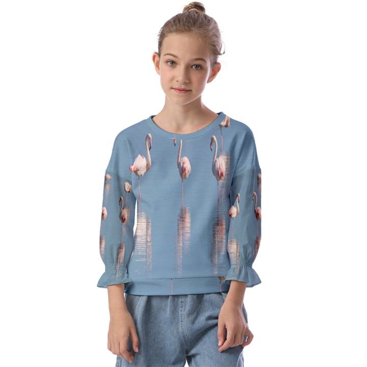 Flamingo Birds Plumage Sea Water Animal Exotic Kids  Cuff Sleeve Top