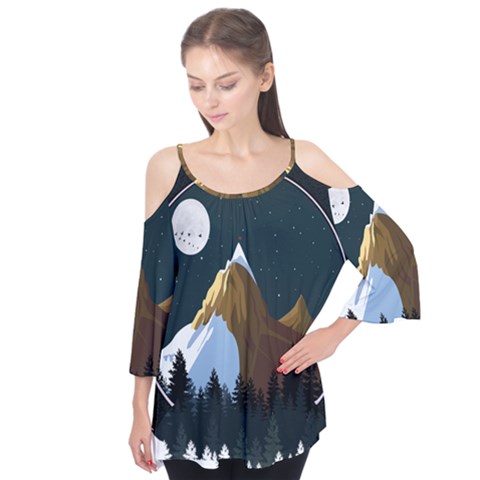 Mountains Forest Moon Stars View Flutter Tees by Wegoenart