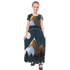 Mountains Forest Moon Stars View Kids  Short Sleeve Maxi Dress by Wegoenart