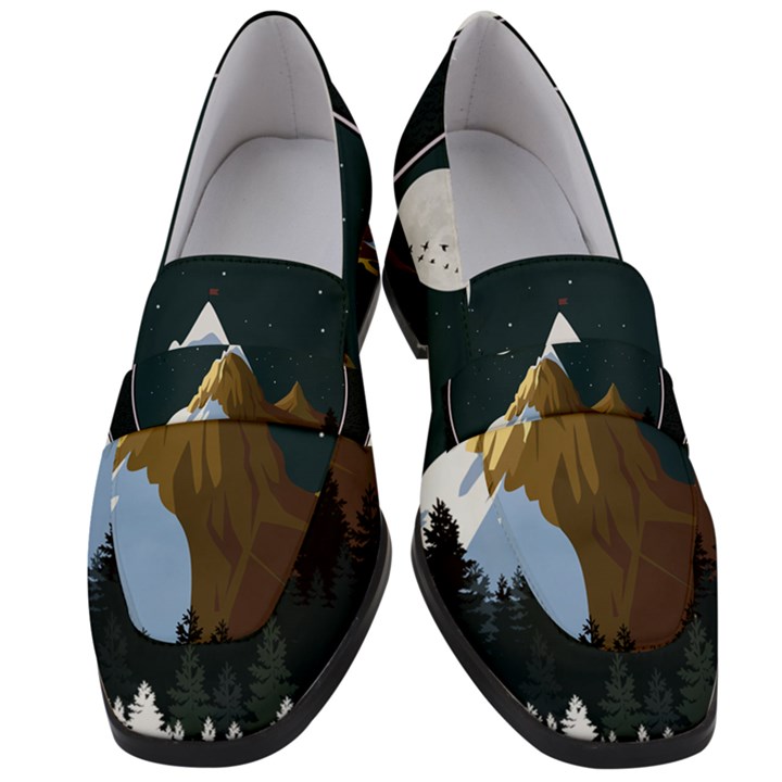 Mountains Forest Moon Stars View Women s Chunky Heel Loafers