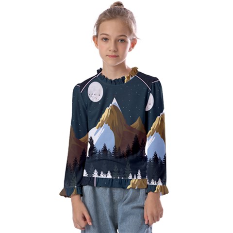 Mountains Forest Moon Stars View Kids  Frill Detail Tee by Wegoenart