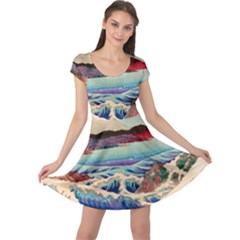 Wave Japanese Mount Fuji Cap Sleeve Dress by Wegoenart