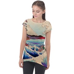 Wave Japanese Mount Fuji Cap Sleeve High Low Top by Wegoenart