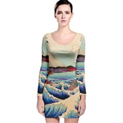 Wave Japanese Mount Fuji Long Sleeve Velvet Bodycon Dress