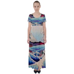 Wave Japanese Mount Fuji High Waist Short Sleeve Maxi Dress