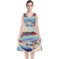 Wave Japanese Mount Fuji V-Neck Midi Sleeveless Dress 