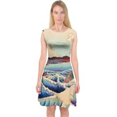 Wave Japanese Mount Fuji Capsleeve Midi Dress