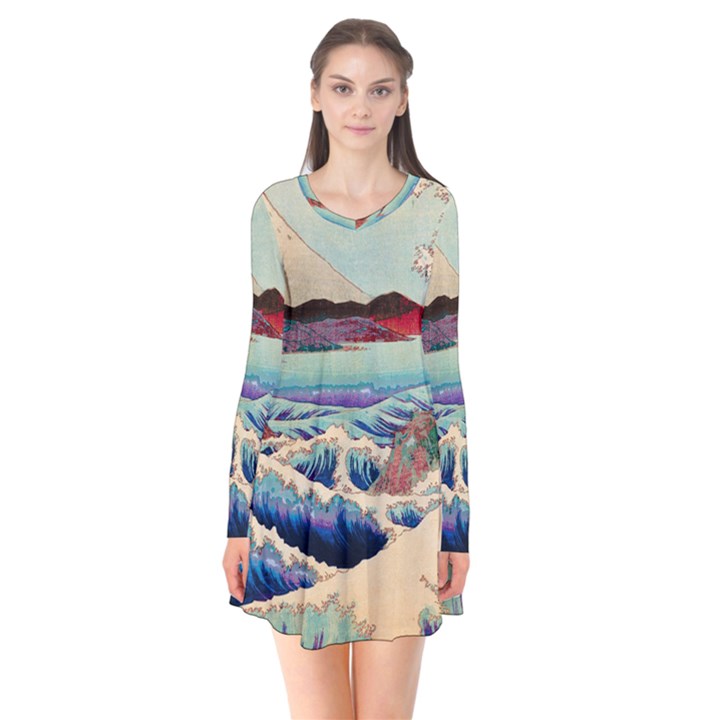 Wave Japanese Mount Fuji Long Sleeve V-neck Flare Dress