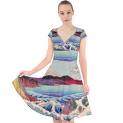 Wave Japanese Mount Fuji Cap Sleeve Front Wrap Midi Dress