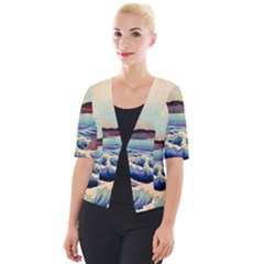 Wave Japanese Mount Fuji Cropped Button Cardigan