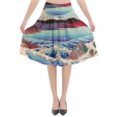 Wave Japanese Mount Fuji Flared Midi Skirt