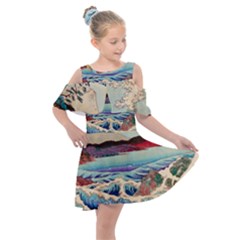 Wave Japanese Mount Fuji Kids  Shoulder Cutout Chiffon Dress