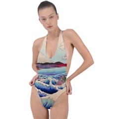 Wave Japanese Mount Fuji Backless Halter One Piece Swimsuit