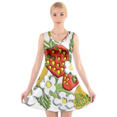 Strawberries Berry Strawberry Leaves V-neck Sleeveless Dress by Wegoenart