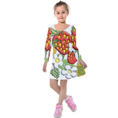 Strawberries Berry Strawberry Leaves Kids  Long Sleeve Velvet Dress by Wegoenart