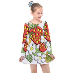 Strawberries Berry Strawberry Leaves Kids  Long Sleeve Dress by Wegoenart