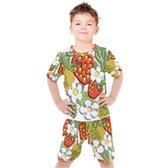 Strawberries Berry Strawberry Leaves Kids  Tee And Shorts Set by Wegoenart