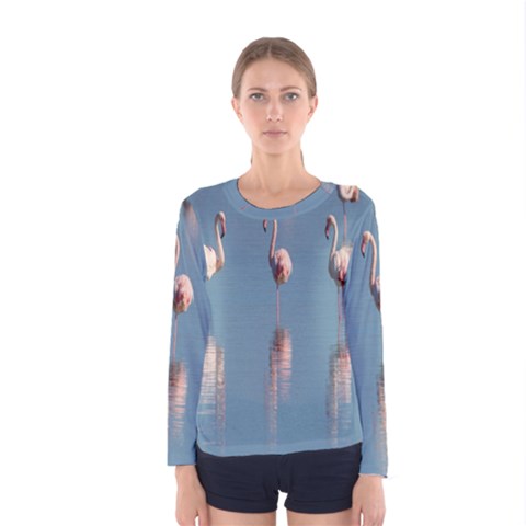 Flamingo Birds Plumage Sea Water Animal Exotic Women s Long Sleeve Tee by artworkshop