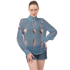 Flamingo Birds Plumage Sea Water Animal Exotic High Neck Long Sleeve Chiffon Top by artworkshop