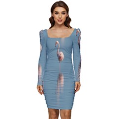 Flamingo Birds Plumage Sea Water Animal Exotic Women Long Sleeve Ruched Stretch Jersey Dress by artworkshop