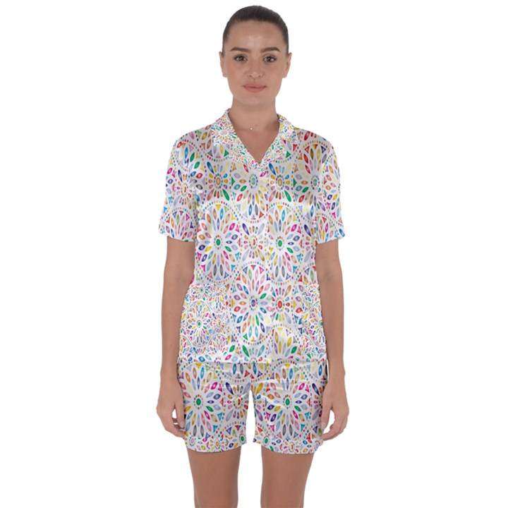 Flowery Floral Abstract Decorative Ornamental Satin Short Sleeve Pajamas Set