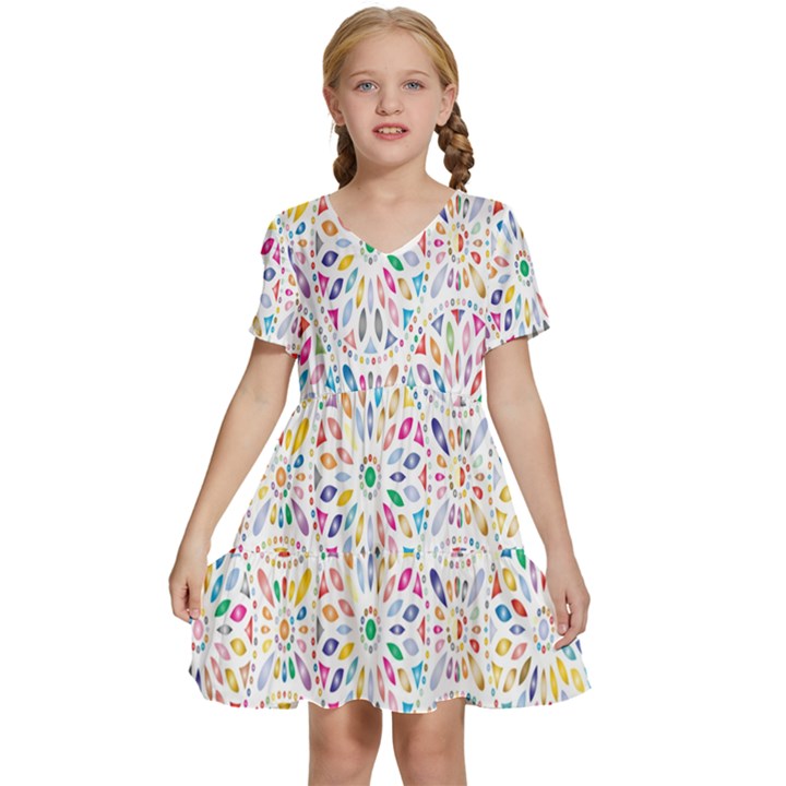 Flowery Floral Abstract Decorative Ornamental Kids  Short Sleeve Tiered Mini Dress