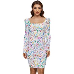 Flowery Floral Abstract Decorative Ornamental Women Long Sleeve Ruched Stretch Jersey Dress