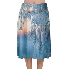 Frost Winter Morning Snow Season White Holiday Velvet Flared Midi Skirt by artworkshop