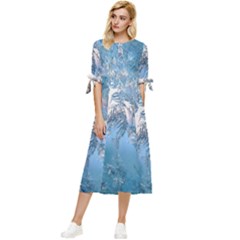 Frost Winter Morning Snow Season White Holiday Bow Sleeve Chiffon Midi Dress by artworkshop