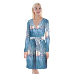 Frost Winter Morning Snow Season White Holiday Long Sleeve Velvet Front Wrap Dress by artworkshop