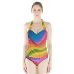  Rainbow Pattern Lines Halter Swimsuit