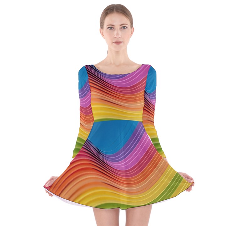  Rainbow Pattern Lines Long Sleeve Velvet Skater Dress