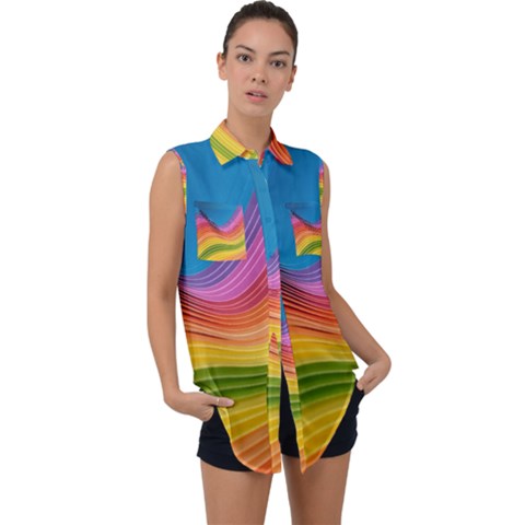  Rainbow Pattern Lines Sleeveless Chiffon Button Shirt by artworkshop