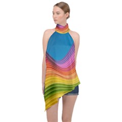  Rainbow Pattern Lines Halter Asymmetric Satin Top by artworkshop