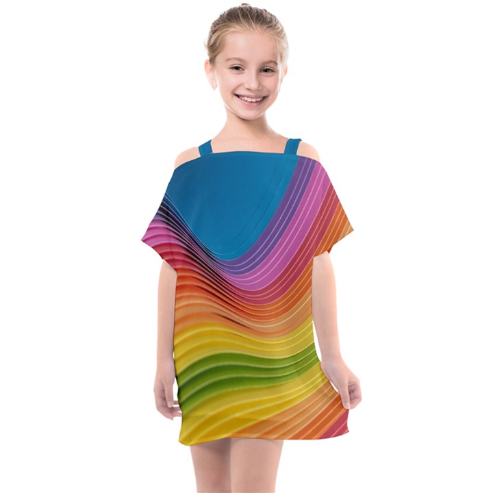  Rainbow Pattern Lines Kids  One Piece Chiffon Dress