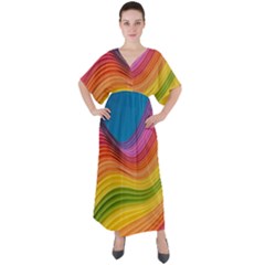  Rainbow Pattern Lines V-neck Boho Style Maxi Dress by artworkshop