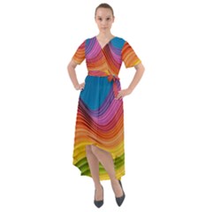  Rainbow Pattern Lines Front Wrap High Low Dress