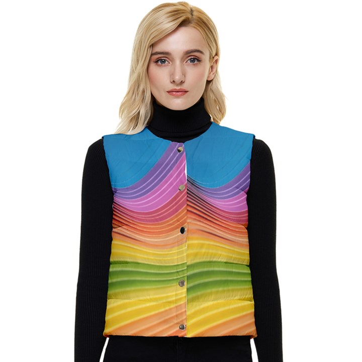  Rainbow Pattern Lines Women s Short Button Up Puffer Vest