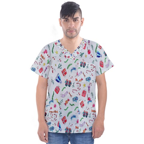 New Year Christmas Winter Watercolor Men s V-neck Scrub Top by artworkshop