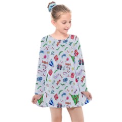 New Year Christmas Winter Watercolor Kids  Long Sleeve Dress by artworkshop