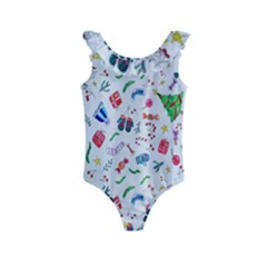 New Year Christmas Winter Watercolor Kids  Frill Swimsuit by artworkshop