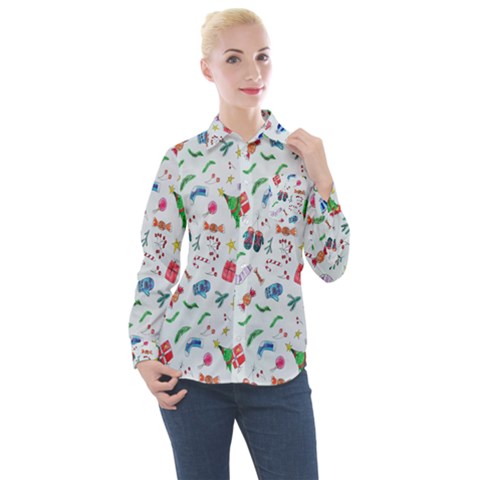 New Year Christmas Winter Watercolor Women s Long Sleeve Pocket Shirt by artworkshop