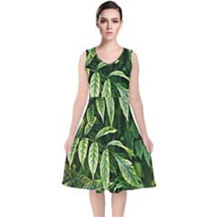 Leaves Foliage Twig Bush Plant V-neck Midi Sleeveless Dress  by artworkshop