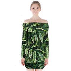 Leaves Foliage Twig Bush Plant Long Sleeve Off Shoulder Dress by artworkshop