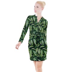 Leaves Foliage Twig Bush Plant Button Long Sleeve Dress by artworkshop