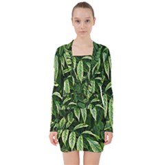 Leaves Foliage Twig Bush Plant V-neck Bodycon Long Sleeve Dress by artworkshop